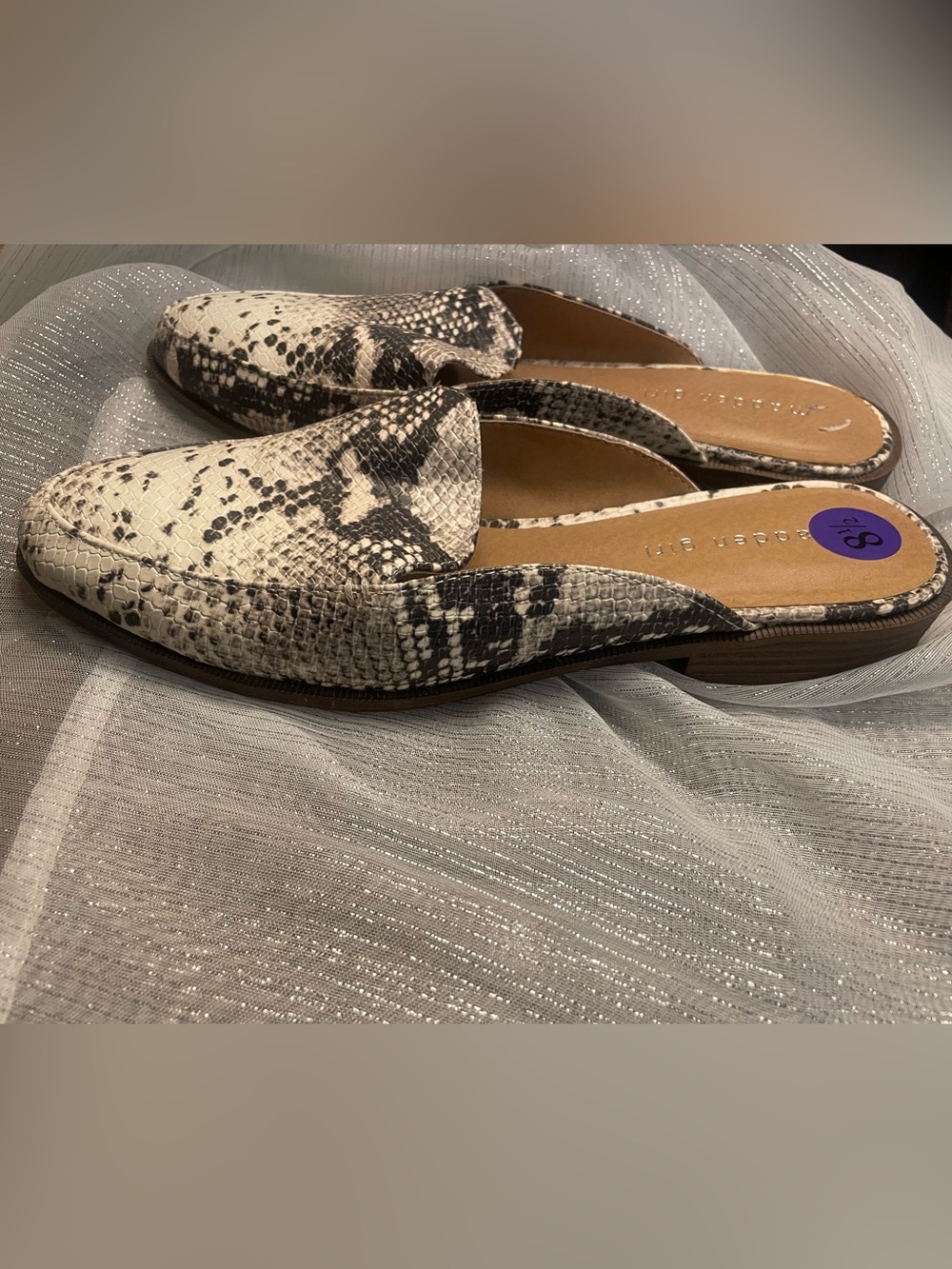 Madden Girl Textured Snake-Print Slip-On Mules in Black & White